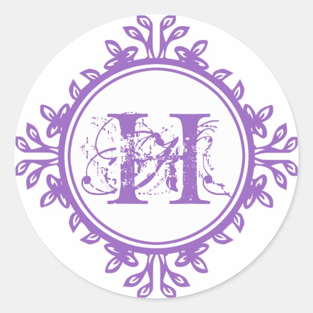 Vintage decay purple monogram label wedding favour (Front)