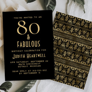Vintage Deco 80 and Fabulous Black 80th Birthday Invitation
