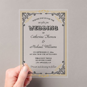 Vintage Deco Art Elegant Black White Gold Wedding Acrylic Invitations