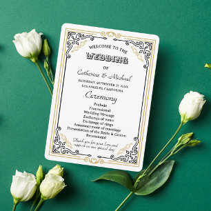 Vintage Deco Art Elegant Black White Gold Wedding Programme