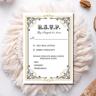 Vintage Deco Art Elegant Black White Gold Wedding RSVP Card