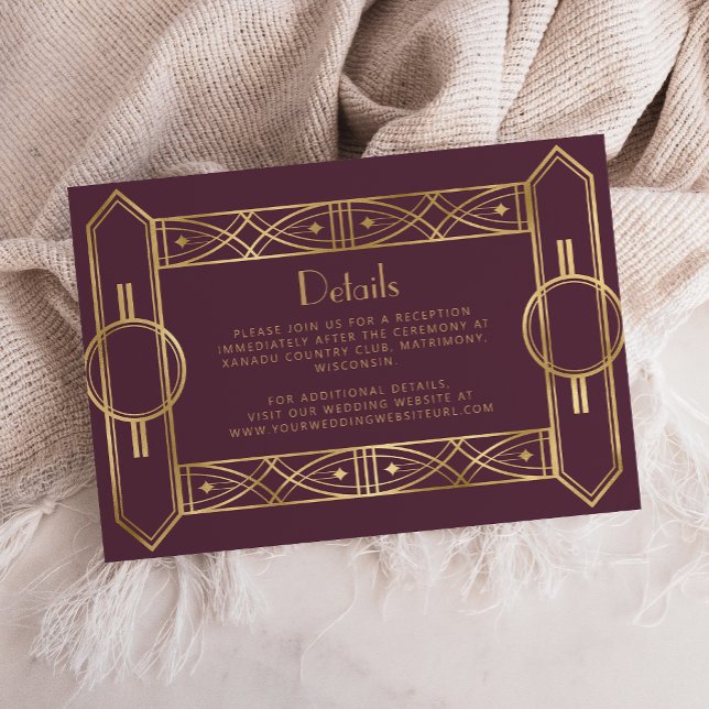 Vintage Deco Burgundy Gold Wedding Details Enclosure Card (Creator Uploaded)