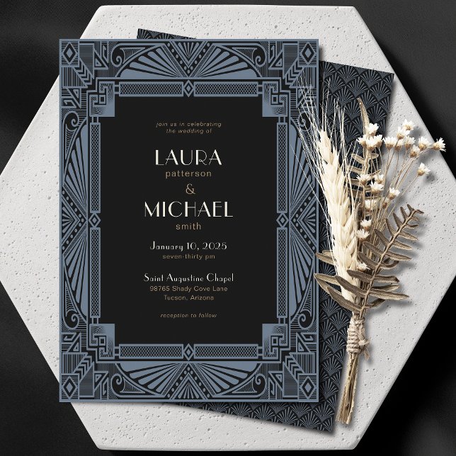 Vintage Deco Dusty Teal Blue Black Invitation (Creator Uploaded)