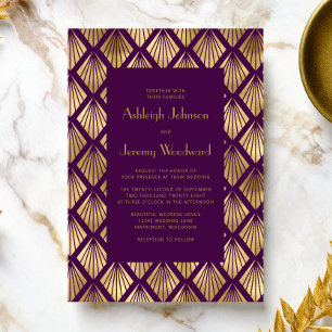 Vintage Deco Fans Purple Gold 1920s Wedding Invitation