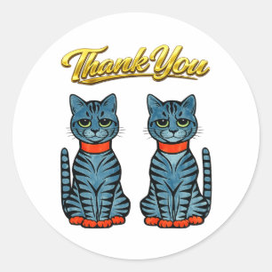 Vintage Deco Style Blue Grey Tiger Cats Thank You Classic Round Sticker