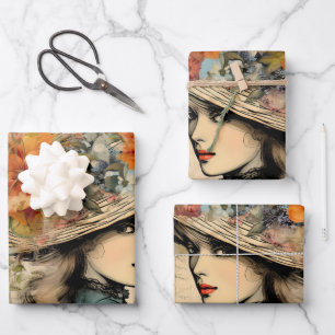 Vintage Decoupage Floral Girl with Hat Wrapping Paper Sheet