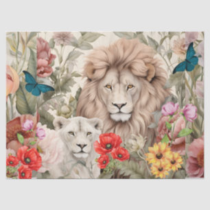 Vintage Decoupage Lion Head & Flowers Tissue Paper