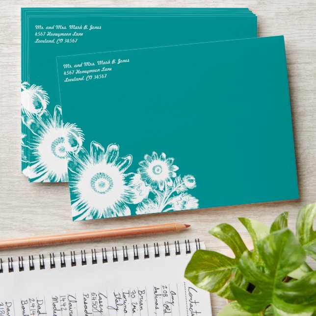 Vintage Deep Aqua Flowers Wedding Envelopes (Stacked)