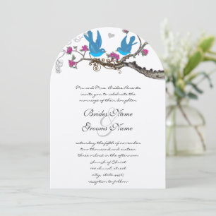 Vintage Deep Bright Aqua Birds Pink Fuchsia Blooms Invitation