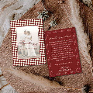 Vintage Deep Red Chequered Old Money Photo Wedding Thank You Card