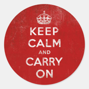 Vintage Deep Red Distressed Keep Calm and Carry On Classic Round Sticker