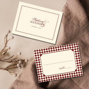 Vintage Deep Red Ivory Checkered Old Money Wedding Place Card