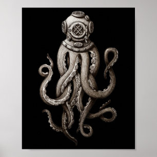 Vintage Deep Sea Divers Cthulhu Octopus Poster