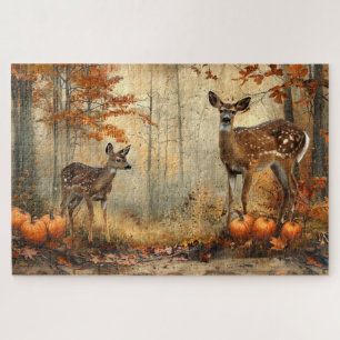 Vintage Deer and Fawn Autumn Foliage 20x30 Jigsaw Puzzle