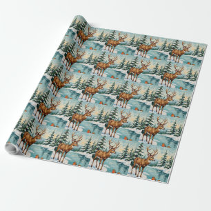 Vintage Deer and Robins Christmas Scene Wrapping Paper