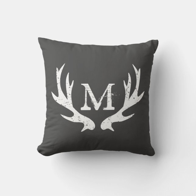 Vintage deer antler throw pillow | Grey and white (Front)