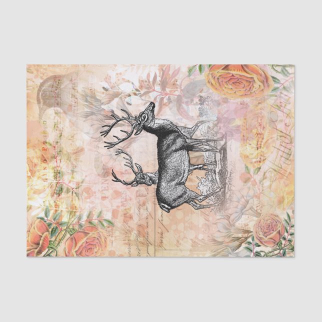 Vintage Deer Floral Collage Tissue Paper (Front)
