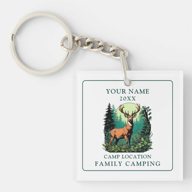 Vintage Deer Forest Family Camping Key Ring (Front)