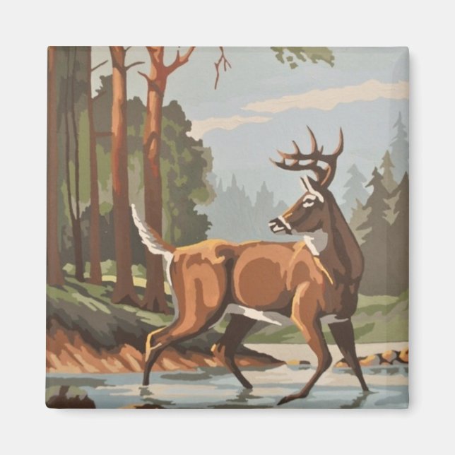 Vintage Deer Forest Scenic PBN Magnet (Front)