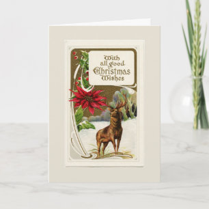 Vintage Deer in Snow Light Grey Holiday Card