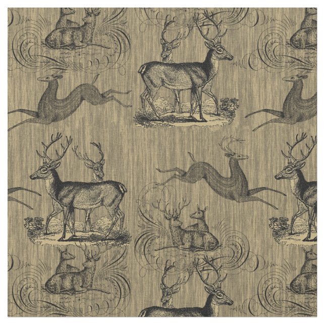 Vintage Deer Pattern on Rustic Woodsy Background Fabric (Close Up)