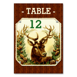 Vintage Deer with Wood Grain and Pine Cones Table Number
