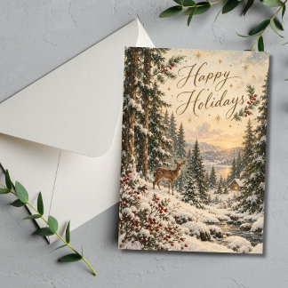 Vintage Deer Woodland Happy Holidays Holiday Card