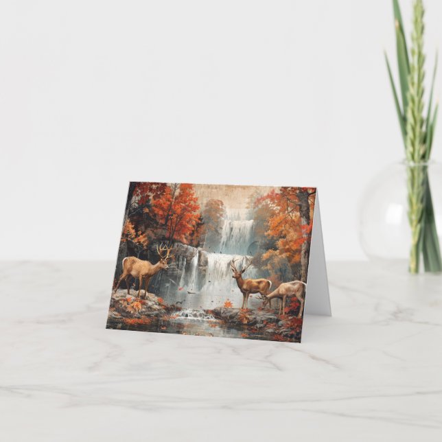 Vintage Deer Woodland Waterfall Blank Note Card (Front)