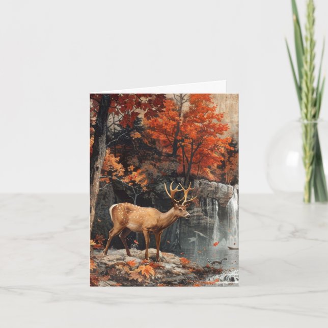 Vintage Deer Woodland Waterfall Vert Blank Note Card (Front)