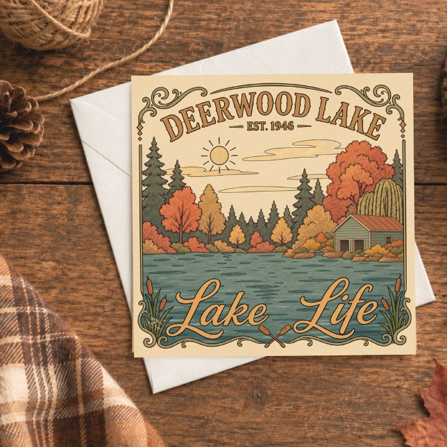 Vintage Deerwood Lake Life Rustic  (Rustic autumn artwork scene at Deerwood Lake with boat house by Inspirivity artist, Jennifer Wagner)