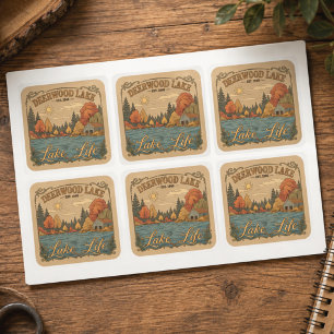 Vintage Deerwood Lake Life Rustic Square Sticker