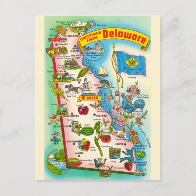 Vintage Delaware Map  Postcard (Front)