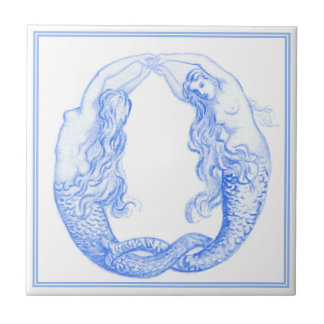 Vintage Delft Blue Art Nouveau Nautical Mermaids Tile