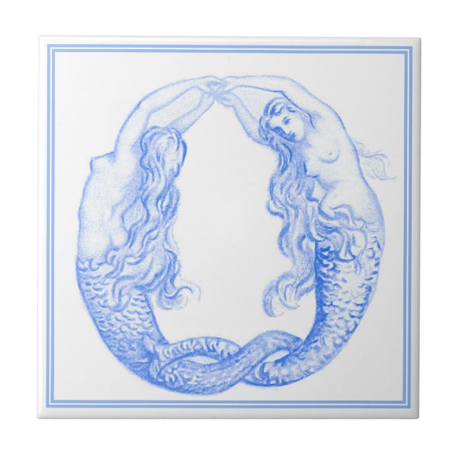 Vintage Delft Blue Art Nouveau Nautical Mermaids Tile (Front)