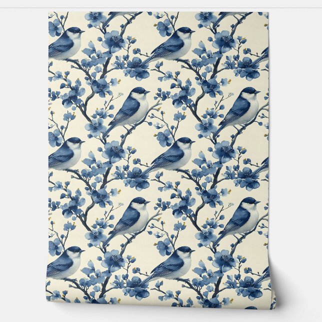 Vintage Delft Blue Little Birds Chinoiserie Wallpaper (Unrolling)