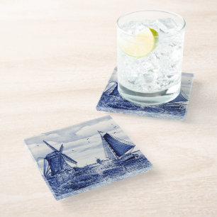 Vintage Delfts Blauw Dutch Windmill Sailboat Glass Coaster