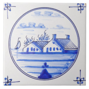 Vintage Delfts Blauw Dutch Windmill Sailboat Tile