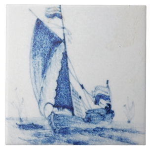 Vintage Delfts Blauw Dutch Windmill Sailboat Tile
