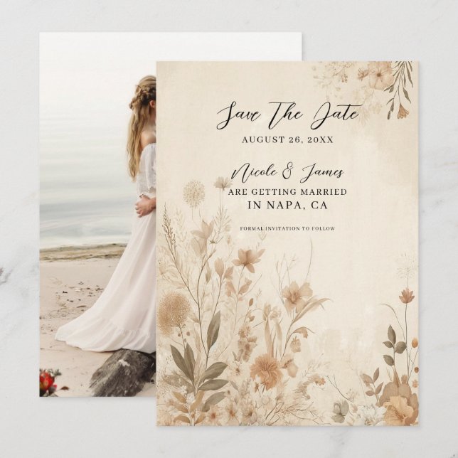 Vintage Delicate Floral Botanical Boho Wedding Invitation (Front/Back)