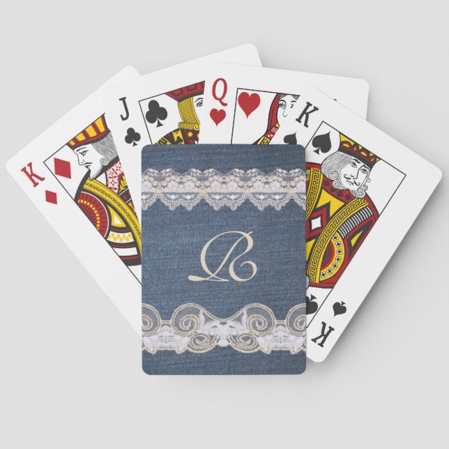 Vintage Denim and Lace Monogram Playing Cards (Back)