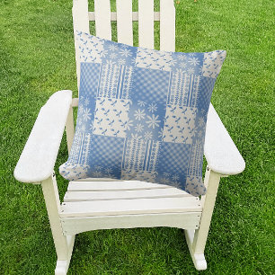 Vintage Denim Blue Creamy White Patchwork  Cushion