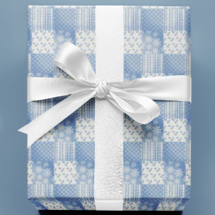 Vintage Denim Blue Creamy White Patchwork  Wrapping Paper