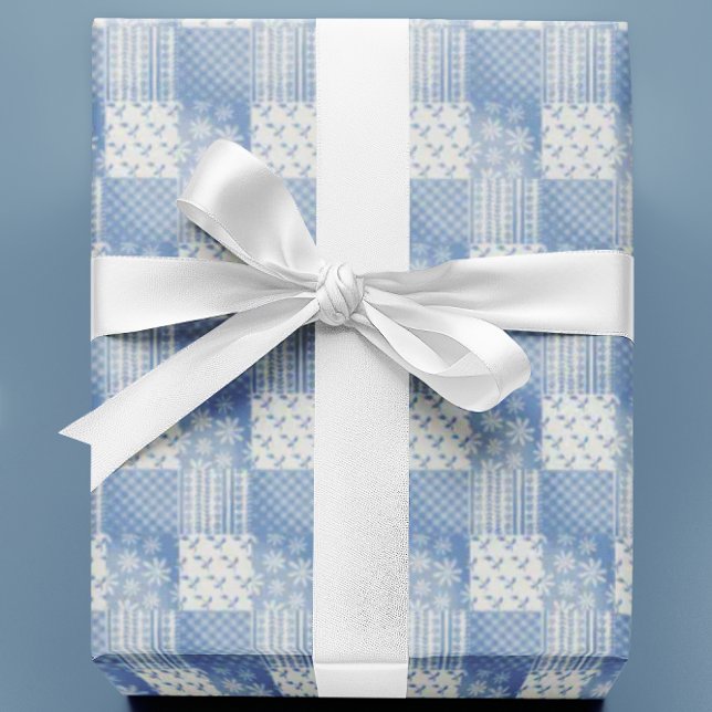 Vintage Denim Blue Creamy White Patchwork  Wrapping Paper (Fun patchwork  all occasion gift wrap!)