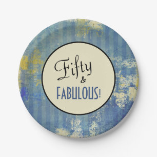 Vintage Denim Blue Fifty & FABULOUS! Birthday Paper Plate