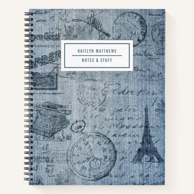 Vintage Denim Eiffel Tower Name Notebook (Front)