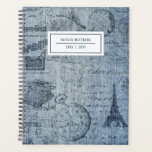 Vintage Denim Eiffel Tower Name Planner<br><div class="desc">This stylish planner notebook features a vintage denim design, including drawings of the Eiffel Tower, a pocket watch, typewriter, postage stamp, and more. Easy to personalise for any use - a gift, back to school, college, teens, moms, etc! The back contains the same background design as the front. Great for...</div>