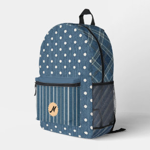 Vintage Denim-Print Dots Stripes Plaid Printed Backpack