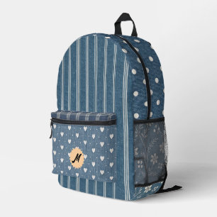 Vintage Denim-Print Plaid Floral Patchwork Printed Backpack