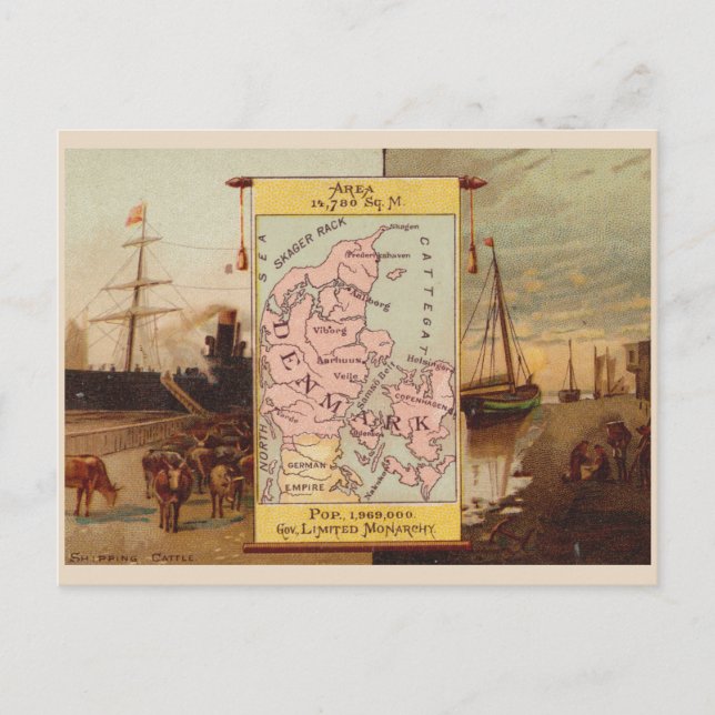 Vintage Denmark 1880s map and vignettes Postcard (Front)