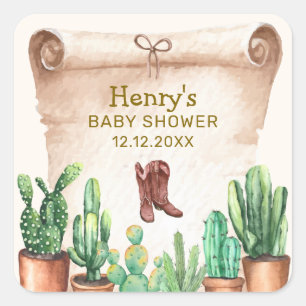 Vintage Desert Cactus Cowboy Boots Baby Shower Square Sticker